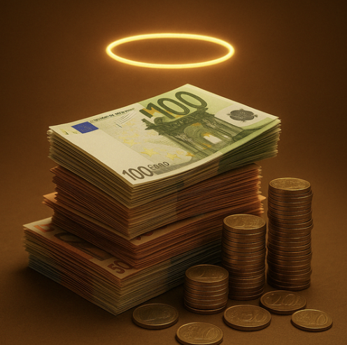 Mazzetta di soldi e monete con un'aurea sopra 