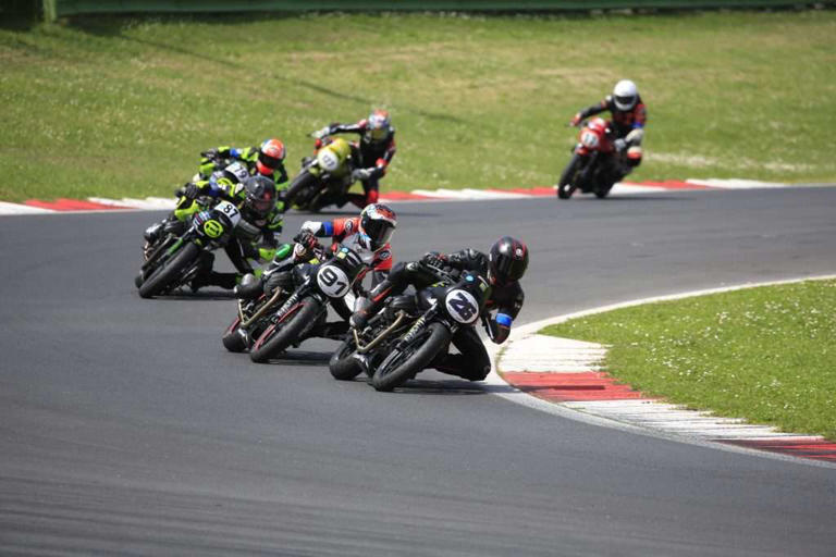 motoguzzi v7 in gara durante il trofeo moto guzzi fast endurance 2025 motociclisti affrontano una curva su una pista asfaltata durante una gara. Indossano tute da corsa e caschi protettivi, inclinando le moto per mantenere il controllo. Il pilota numero 26 è in testa, seguito dal numero 91, mentre gli altri sono distribuiti dietro di loro. Il bordo della pista ha strisce rosse e bianche, con l'erba verde che circonda l’area. L’immagine trasmette velocità, adrenalina e concentrazione.